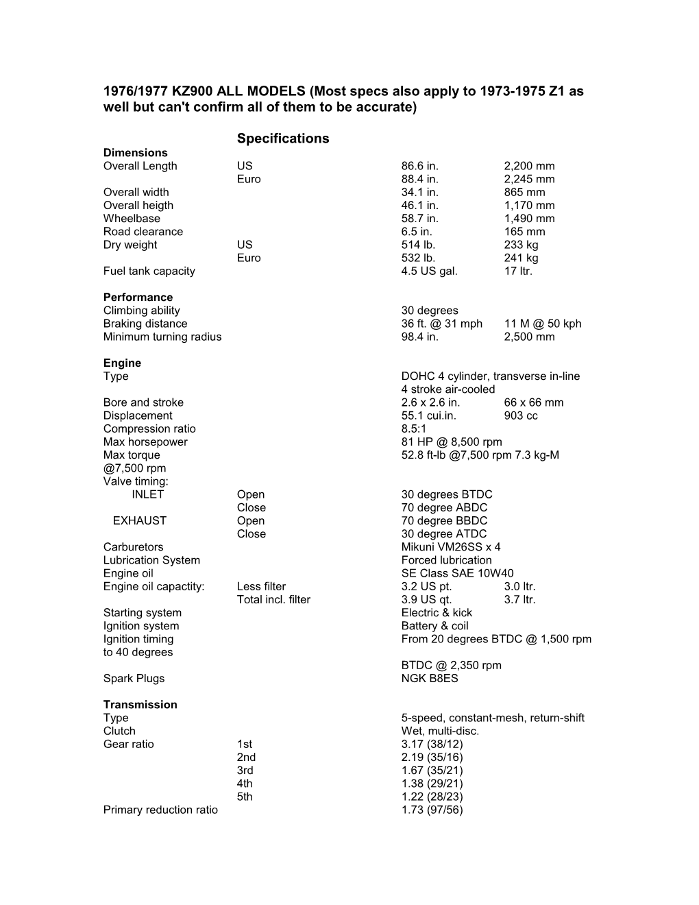 1976/1977 KZ900 ALL MODELS (Most Specs Also Apply to 1973-1975 Z1 As Well but Can't Confirm