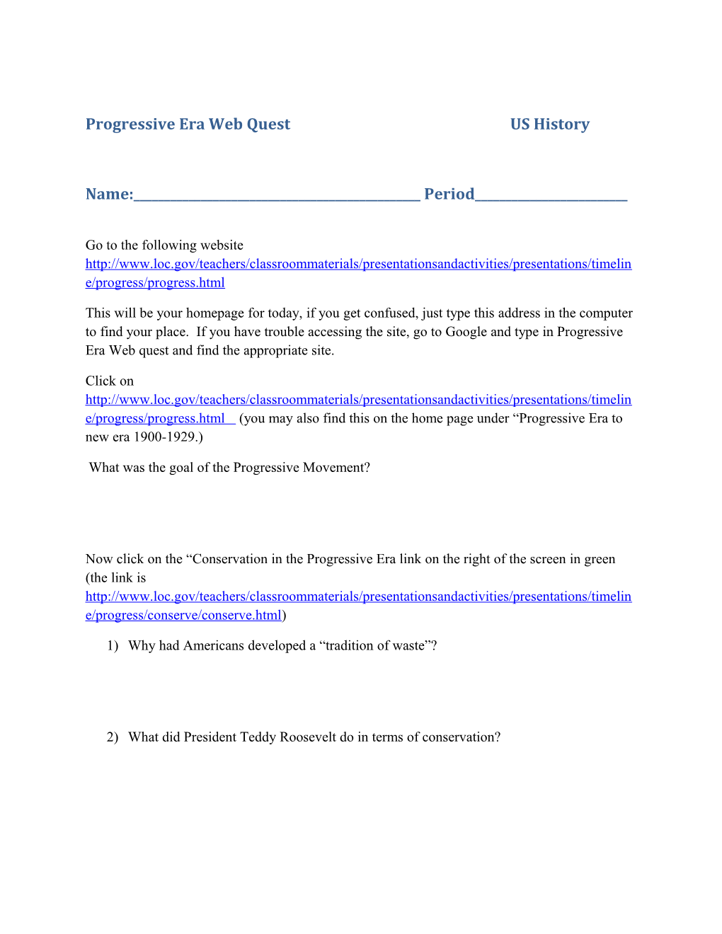 Progressive Era Web Quest