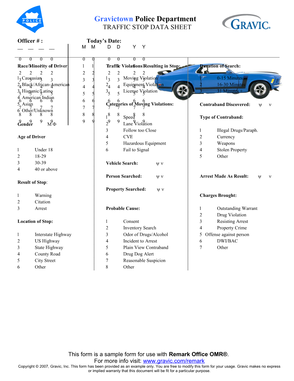 Traffic Stop Data Sheet