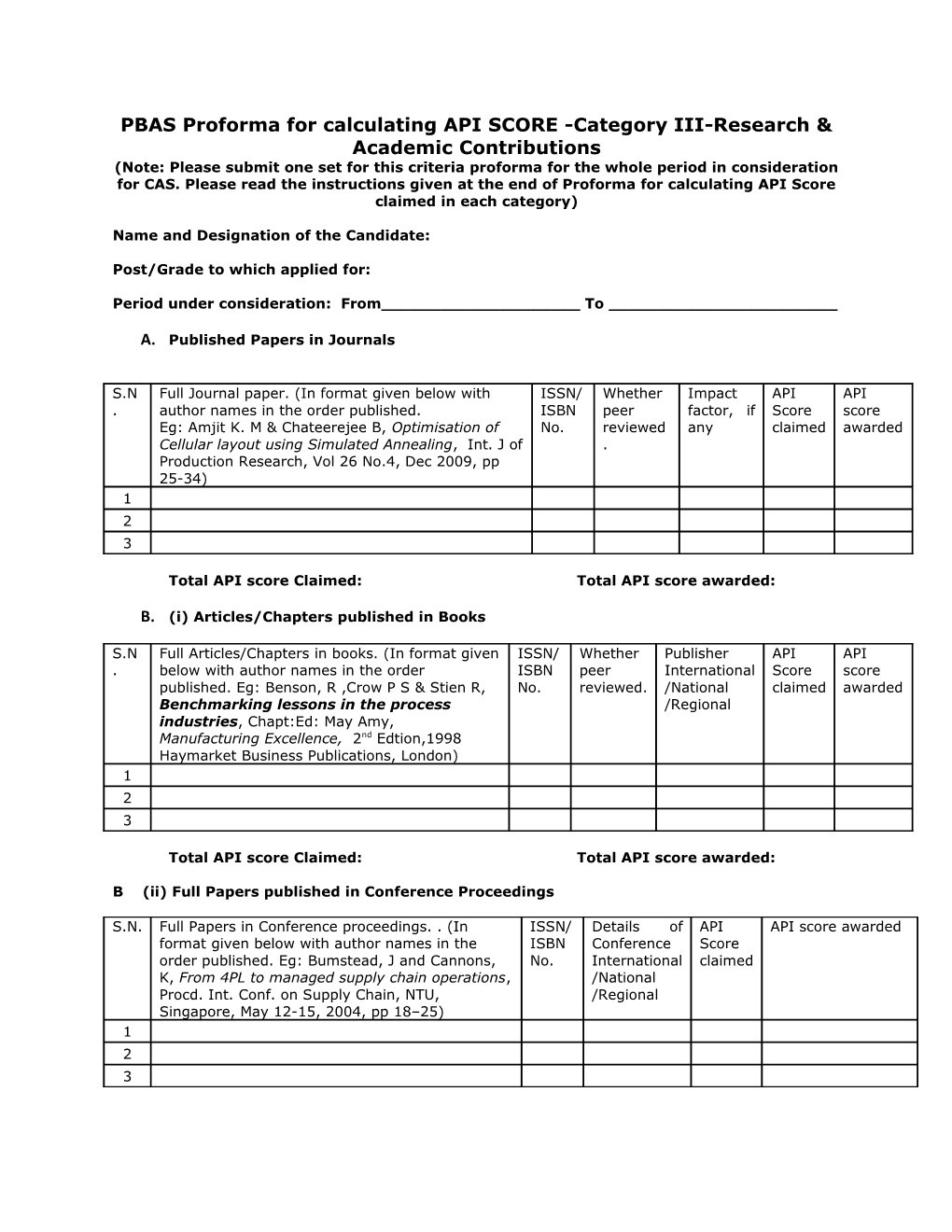 PBAS Proforma for Calculating API SCORE -Category III-Research & Academic Contributions