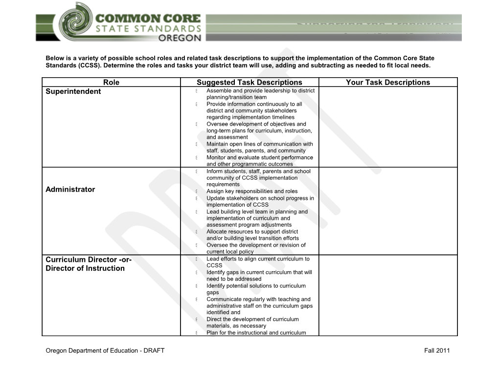 Oregon Department of Education - Draftfall 2011