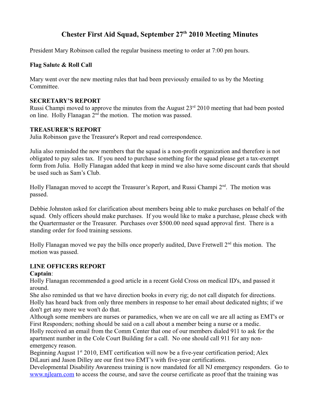 Chester First Aid Squad, September 27Th 2010 Meeting Minutes