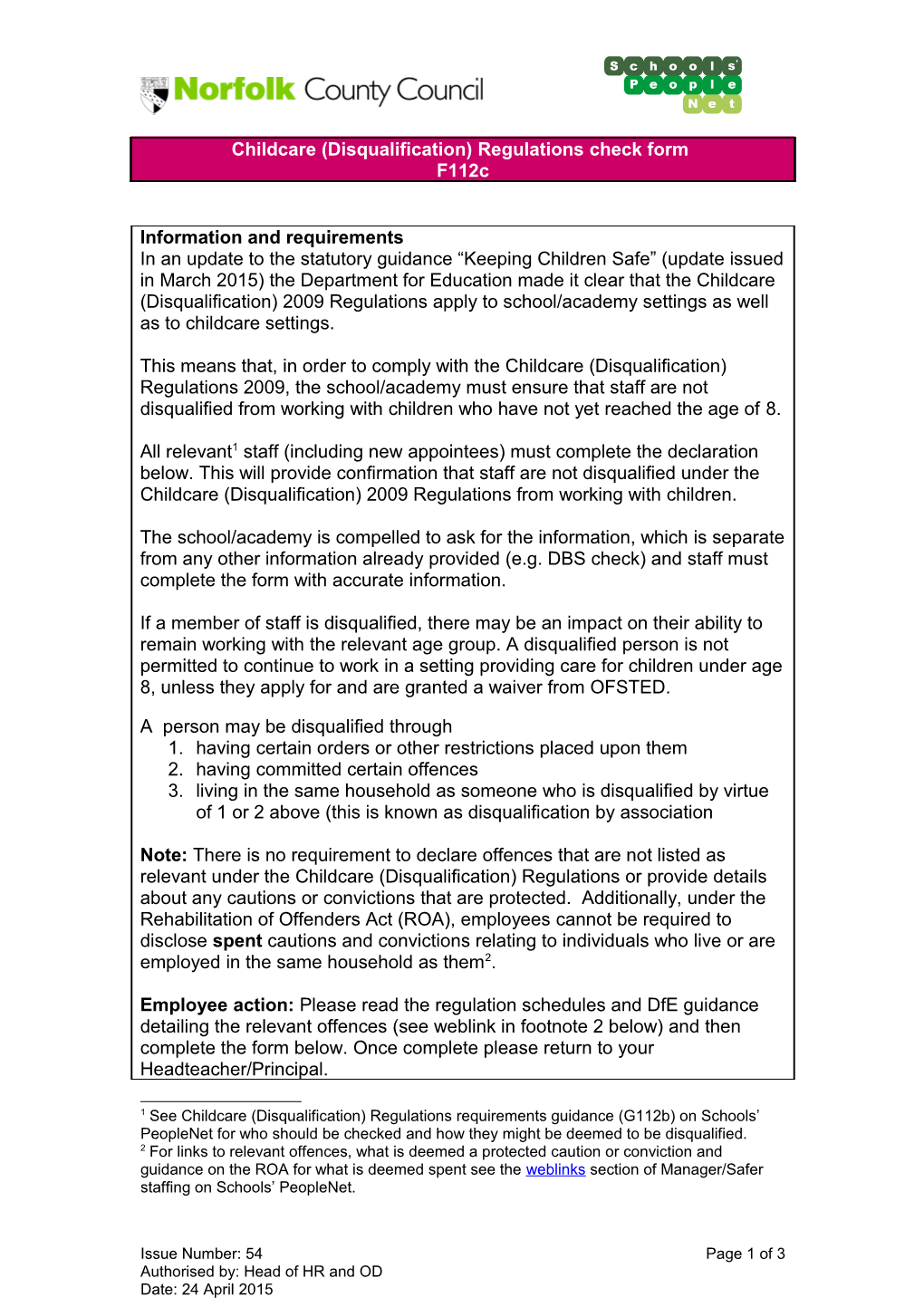 F112c Childcare (Disqualification) Regulations Check Form (Sample)