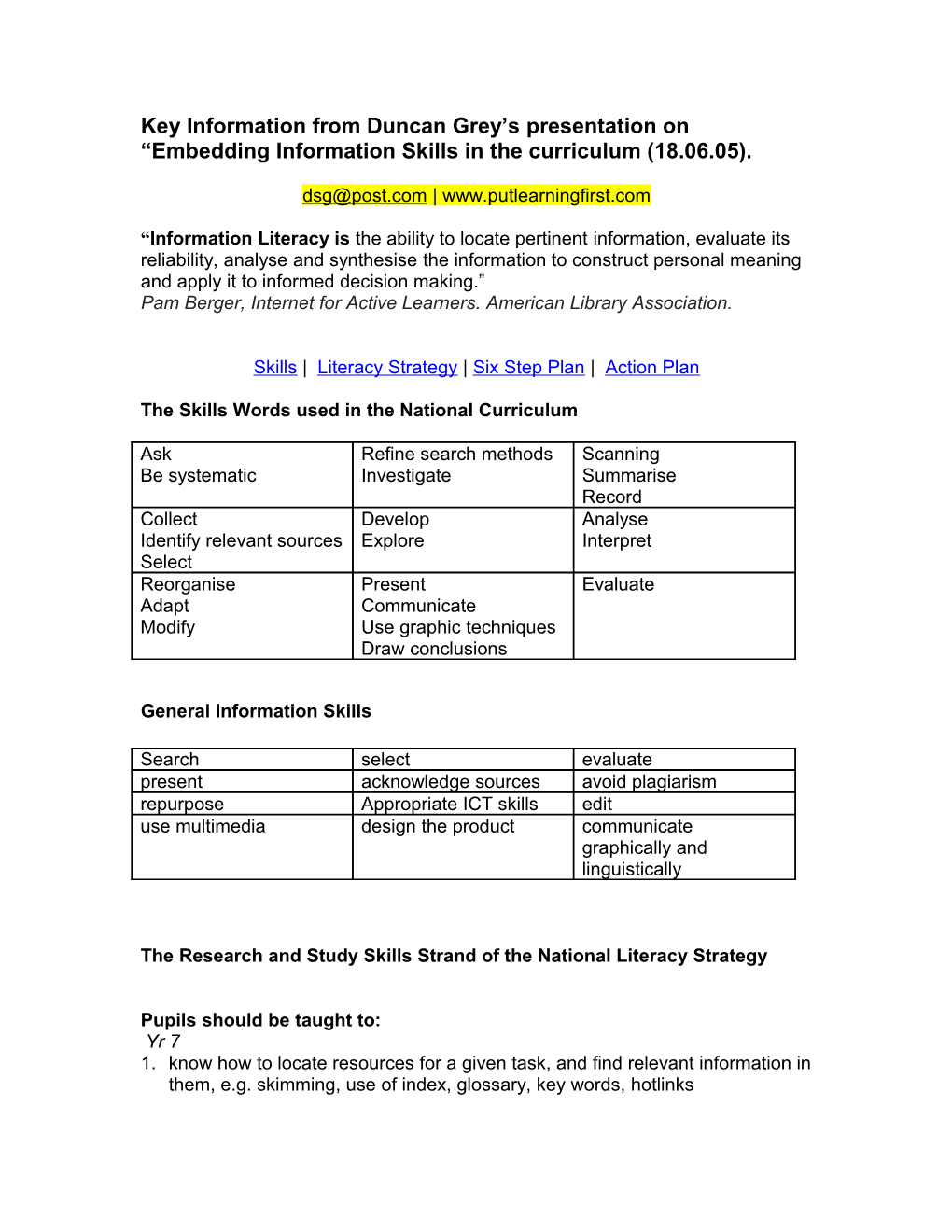 Key Information from Duncan Grey S Presentation on Embedding Information Skills in The