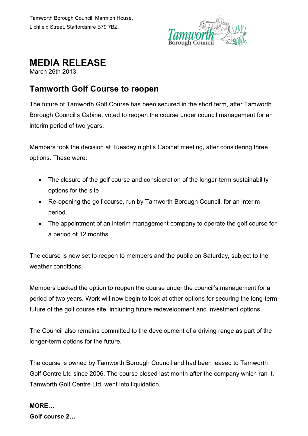 Tamworth Golf Courseto Reopen