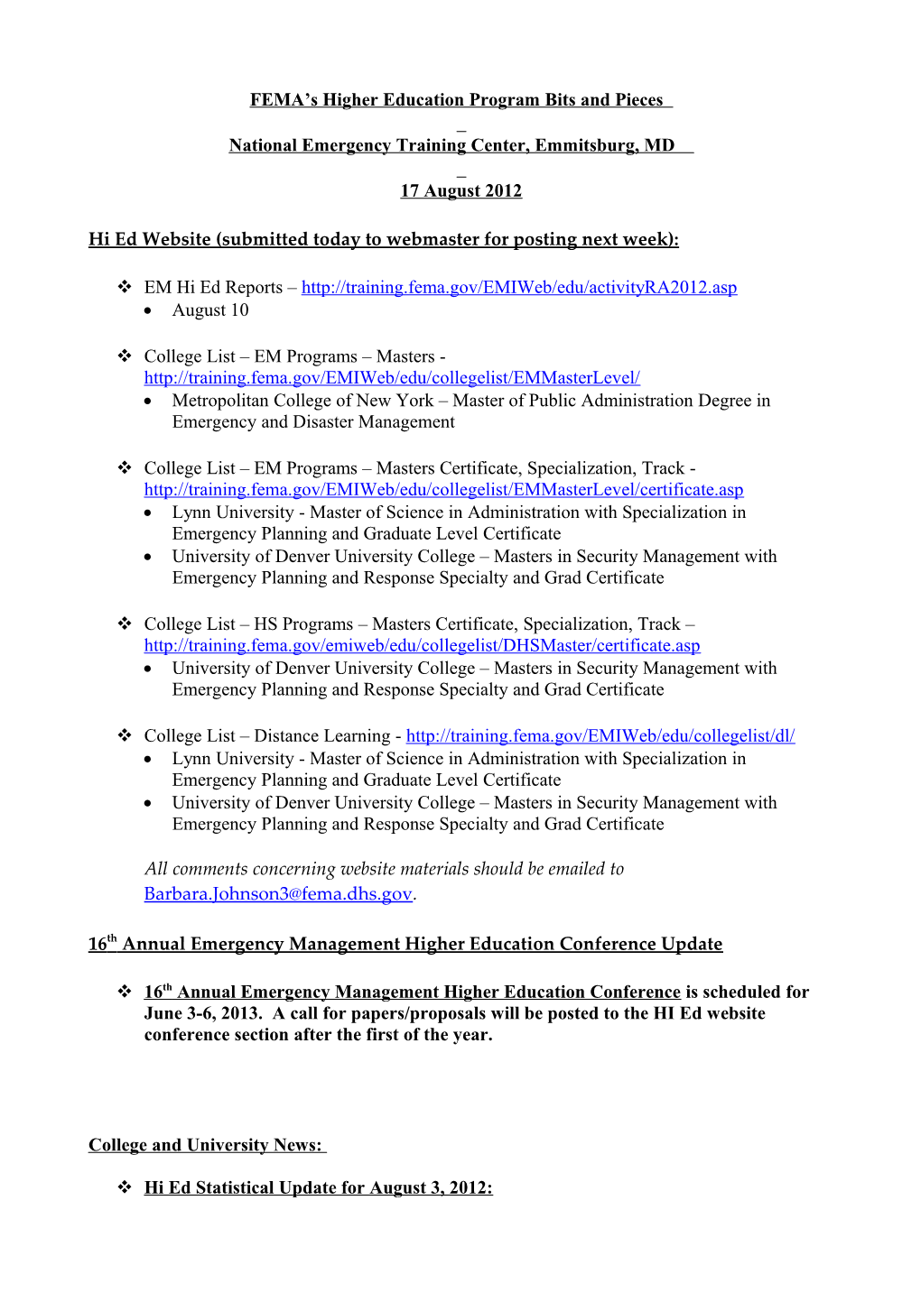FEMA S Higher Education Program Bits and Pieces