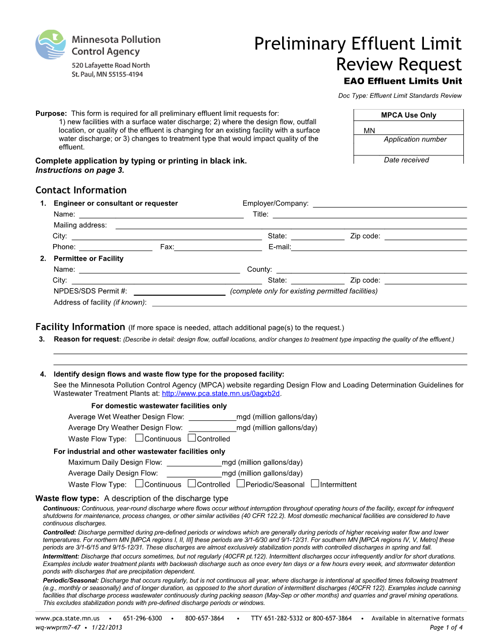 Preliminary Effluent Limit Review Request - Form