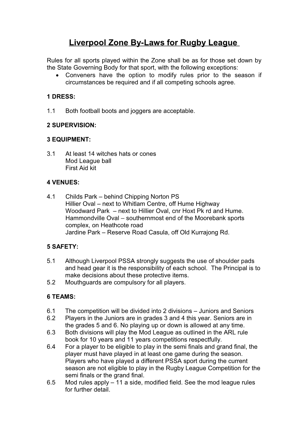 Liverpool Zone By-Laws For