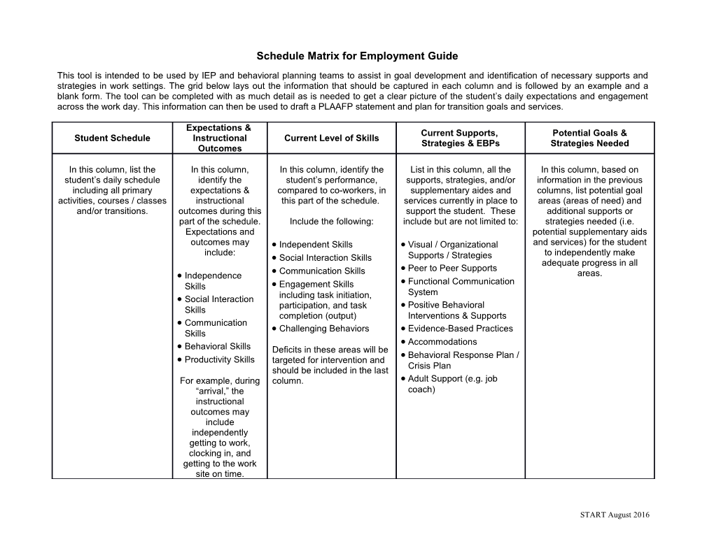 Schedule Matrix for Employment Guide