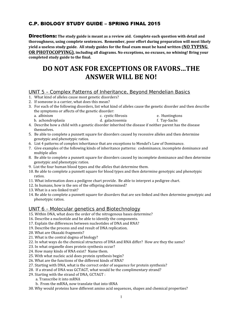 C.P. Biology Study Guide Spring Final 2015
