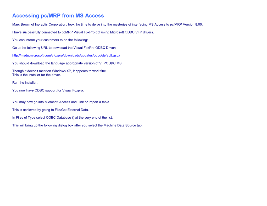 Accessing Pc/MRP from MS Access