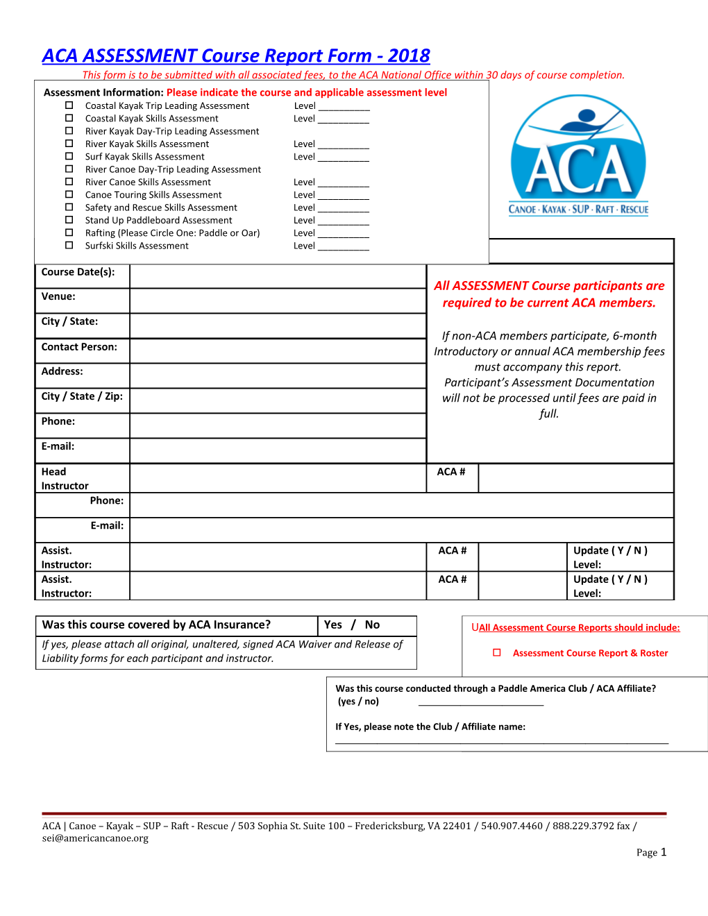 ACA ASSESSMENT Course Report Form - 2018