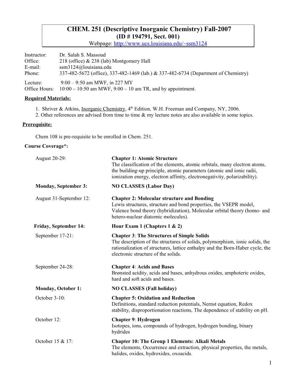 CHEM. 251 (Descriptive Inorganic Chemistry) Fall-2007