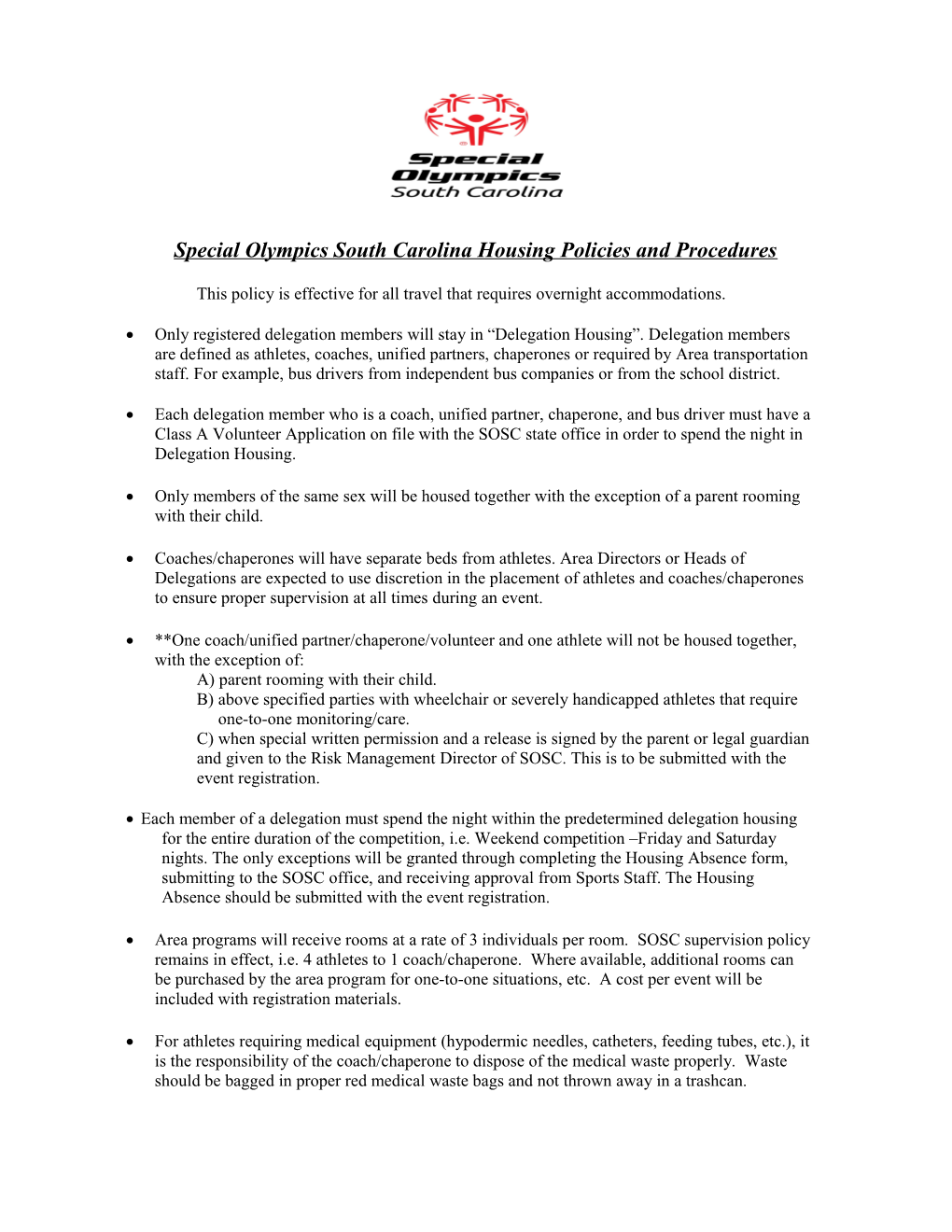 Special Olympics South Carolina Housing Policy