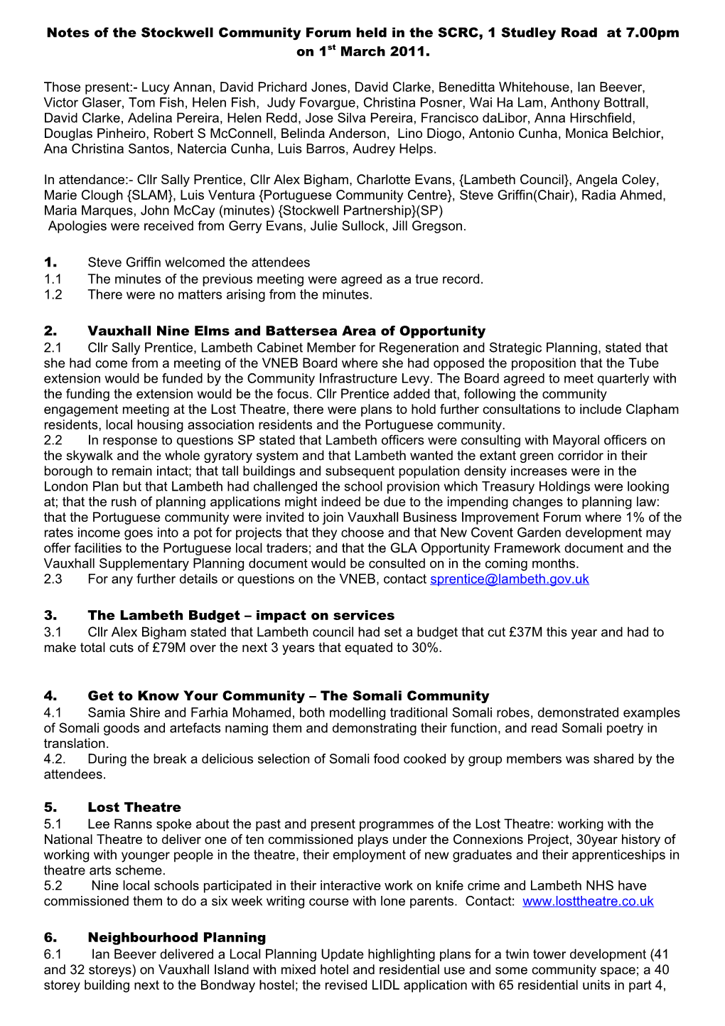 Minutes of the General Meeting of the Stockwell Partnership Held in the YMCA