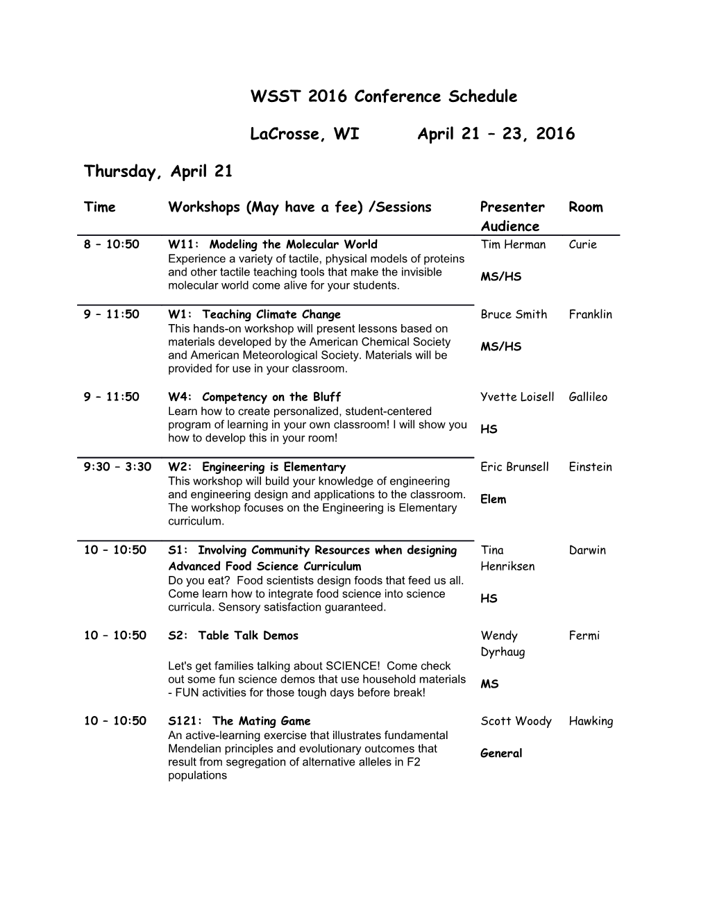 WSST 2016 Conference Schedule