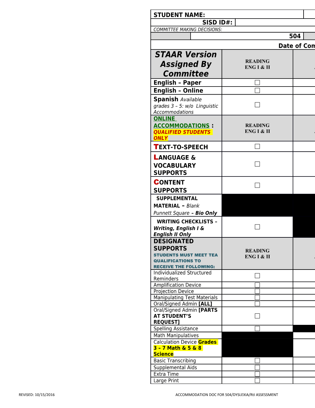 REVISED: 10/15/2016 ACCOMMODATION DOC for 504/DYSLEXIA/Rti ASSESSMENT