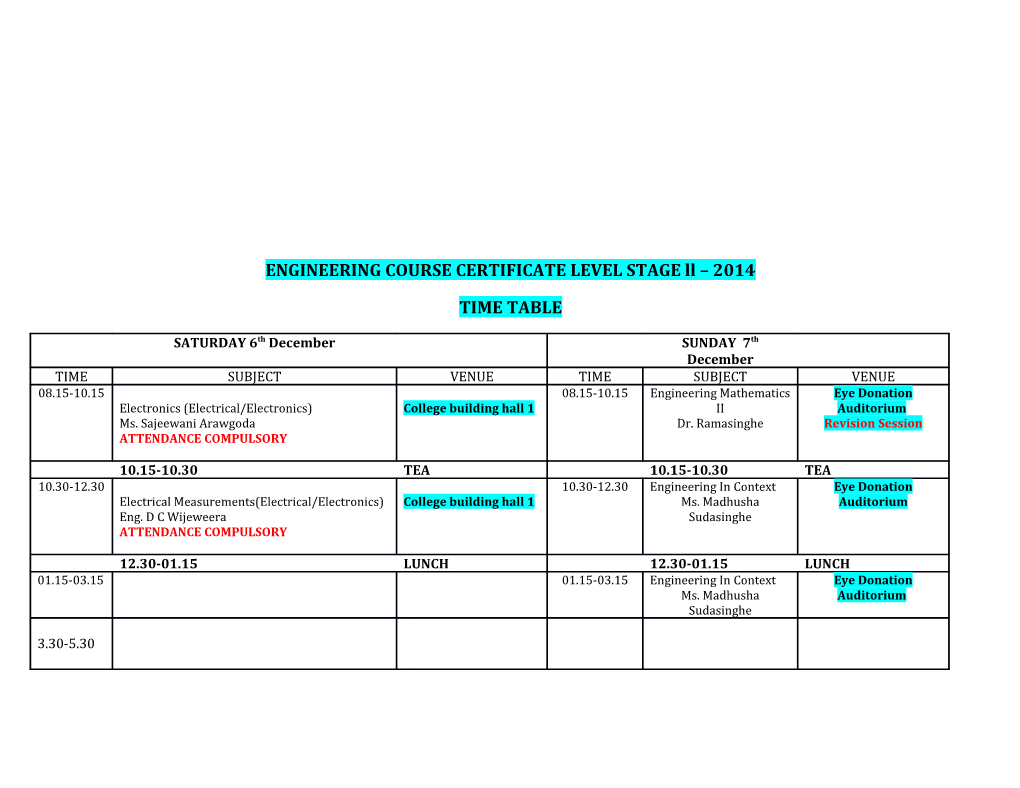 ENGINEERING COURSE CERTIFICATE LEVEL STAGE Ll 2014