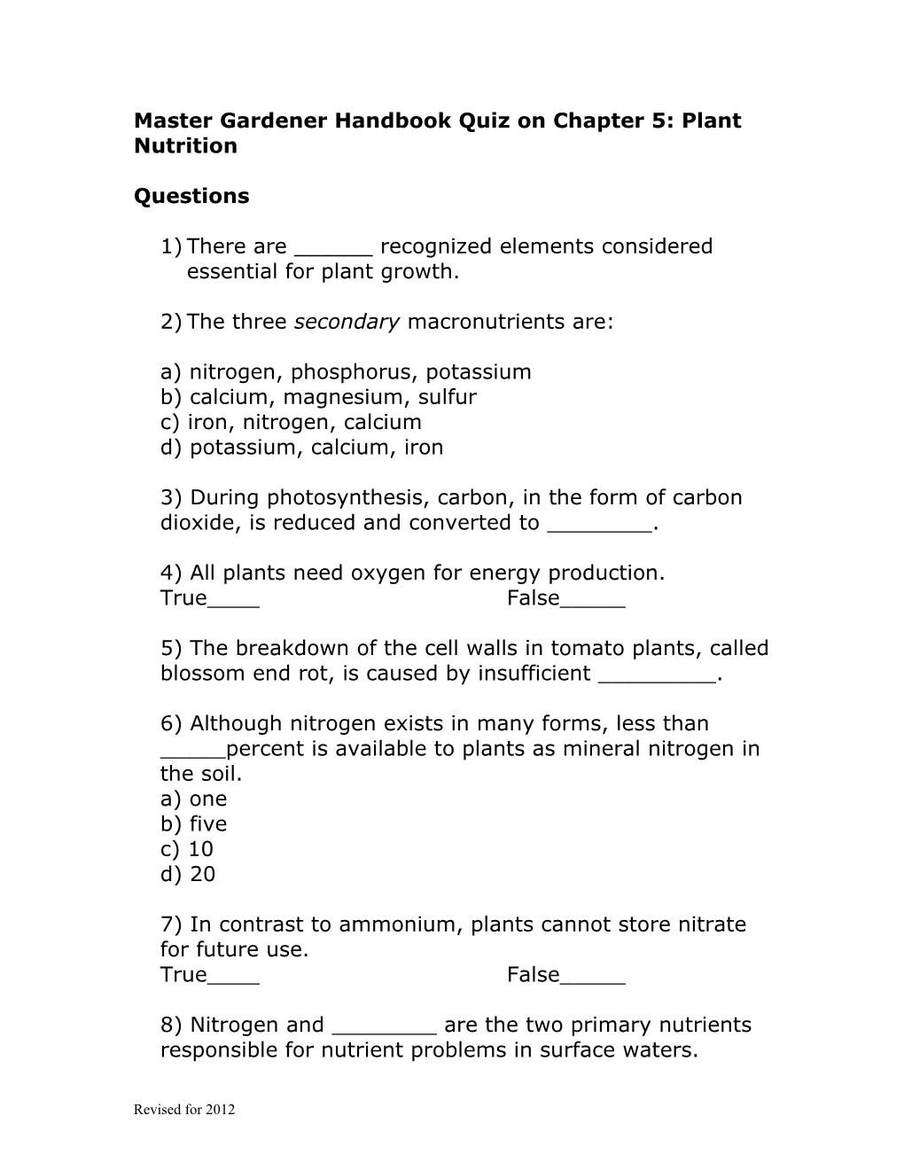 Master Gardener Handbook Quiz on Chapter 5: Plant Nutrition