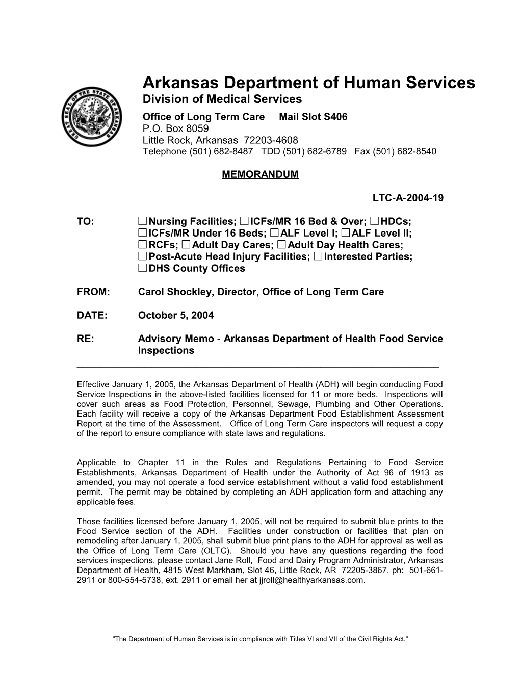 Notice of Department of Health Food Services Inspections