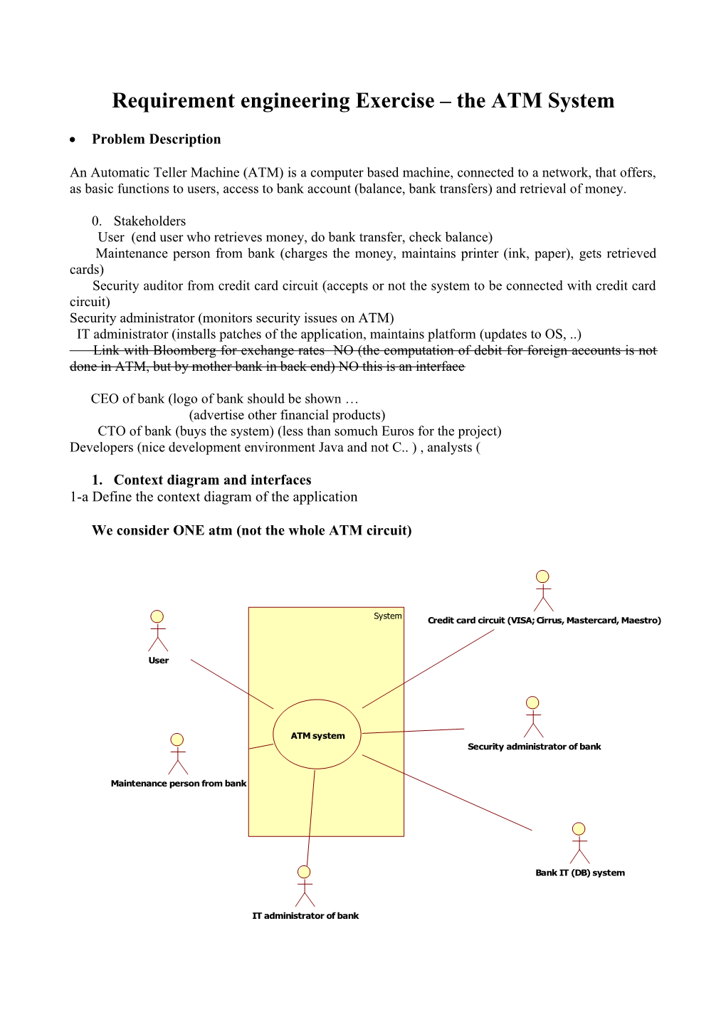 Requirement Engineering Exercise the ATM System