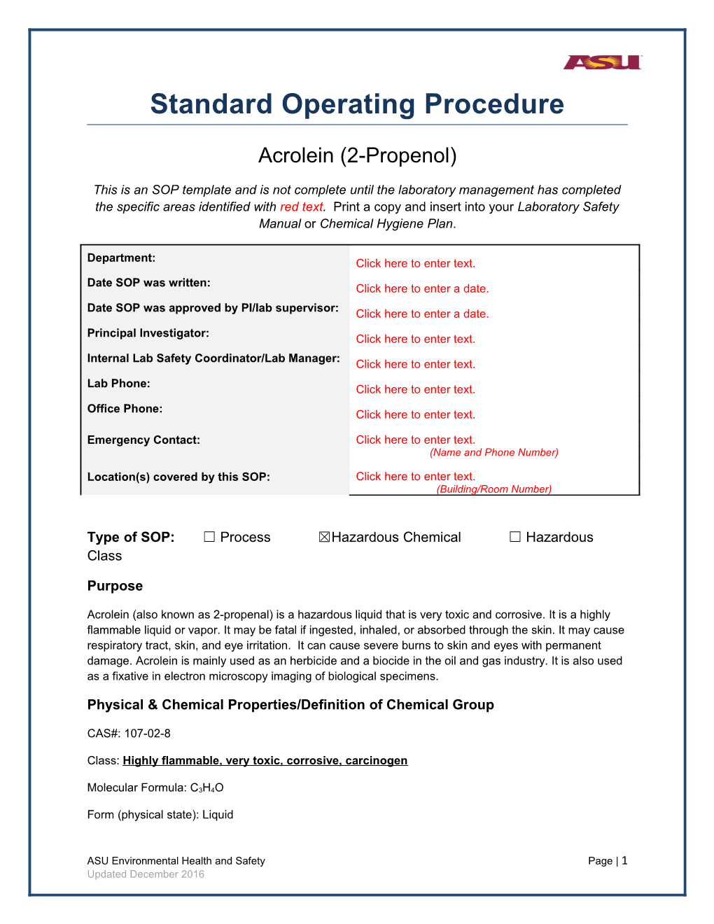 Type of SOP: Process Hazardous Chemical Hazardous Class s4
