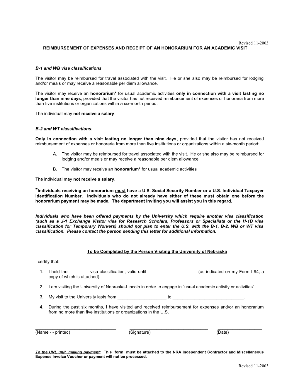 Reimbursement of Expenses and Receipt of an Honorarium for an Academic Visit