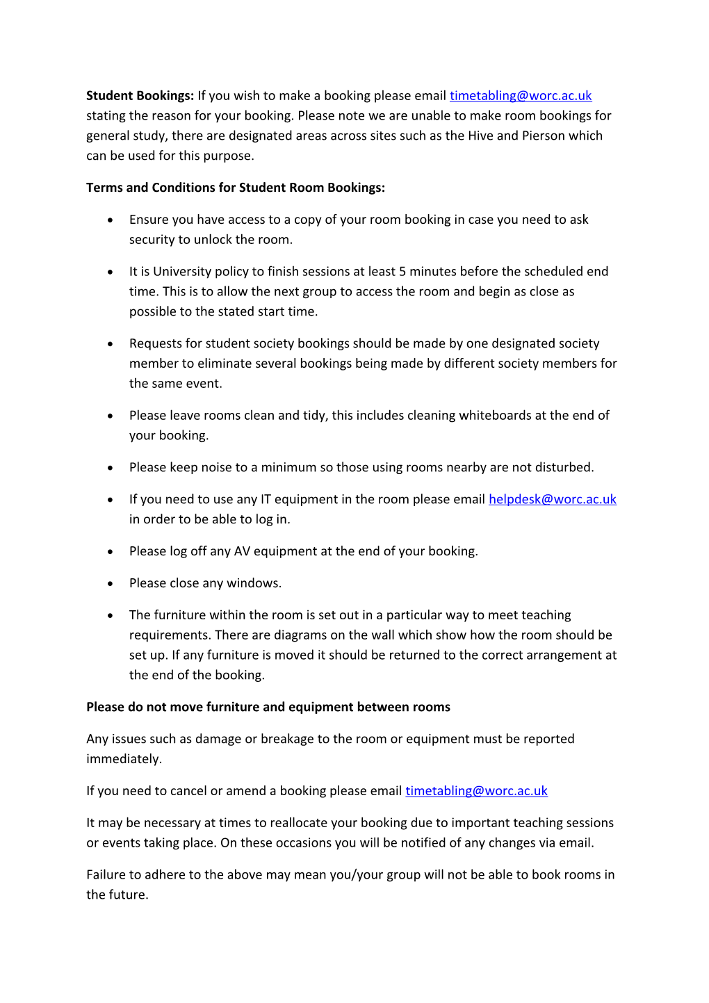 Terms and Conditions for Student Room Bookings