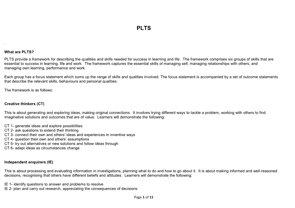 PLTS Provide a Framework for Describing the Qualities and Skills Needed for Success In