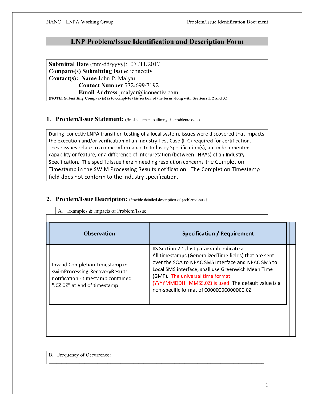 LNP Problem Identification and Description Form