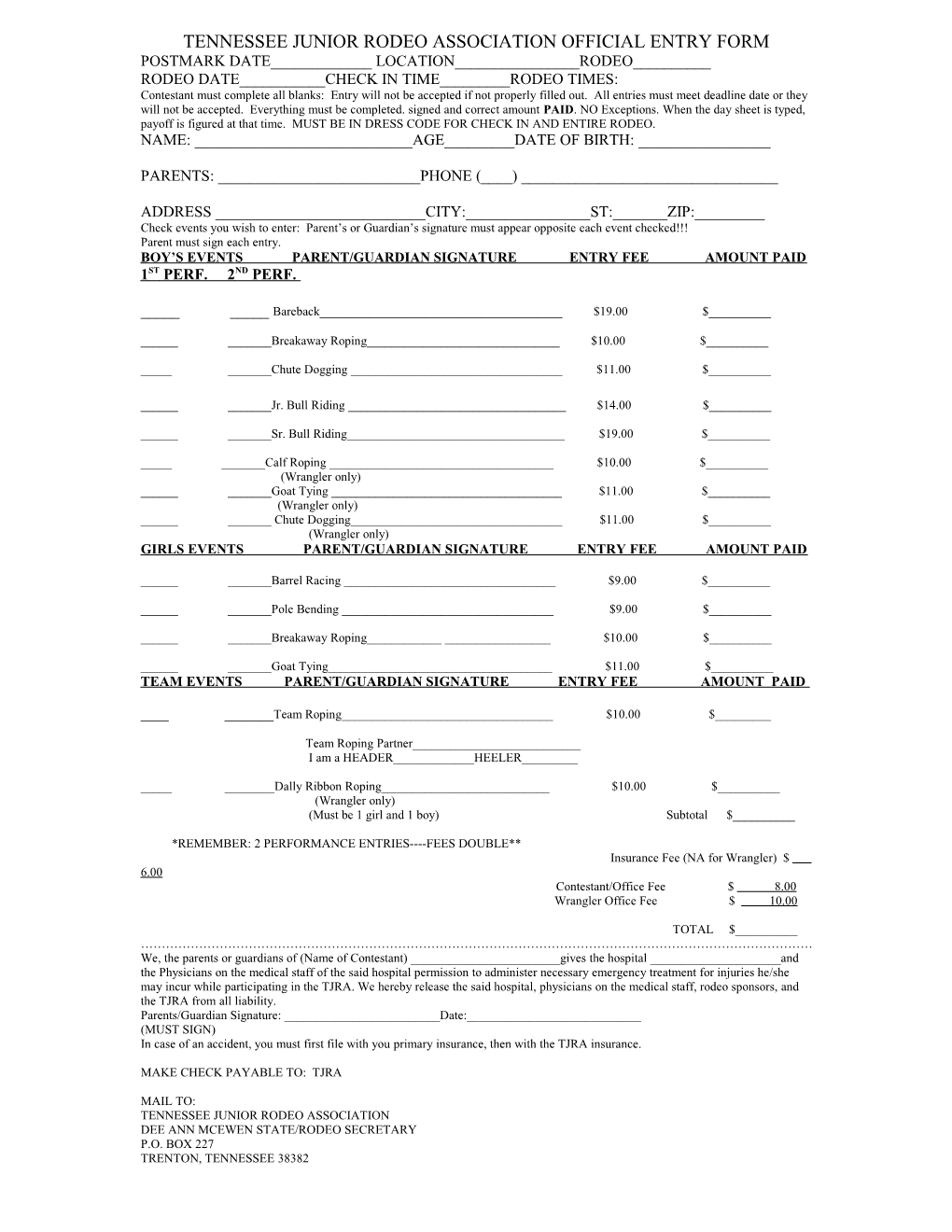 Tennessee Junior Rodeo Association Official Entry Form