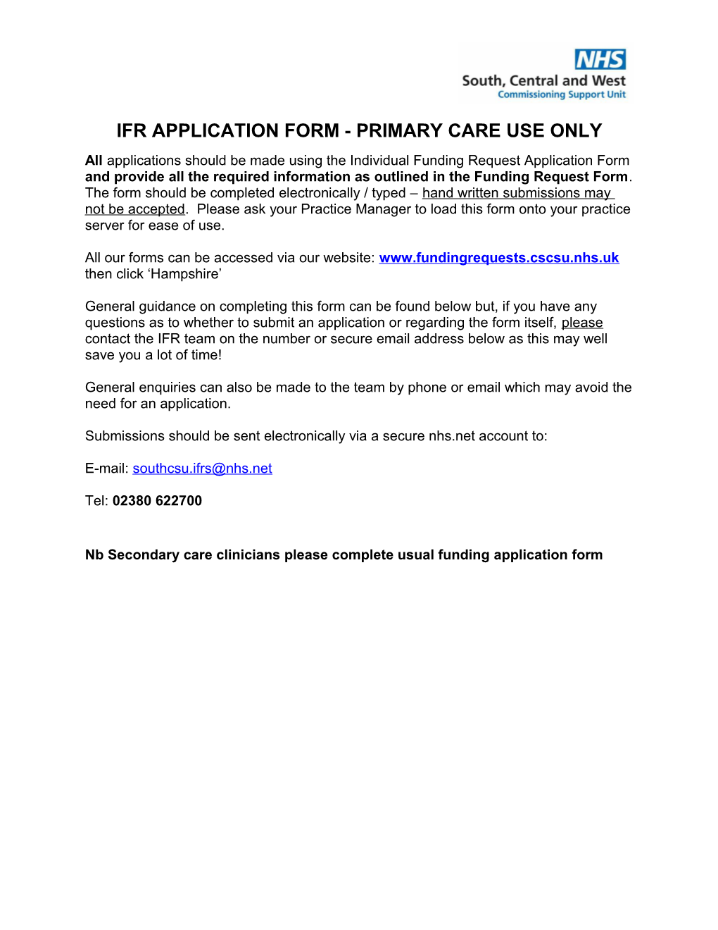 Ifr Application Form - Primary Care Use Only