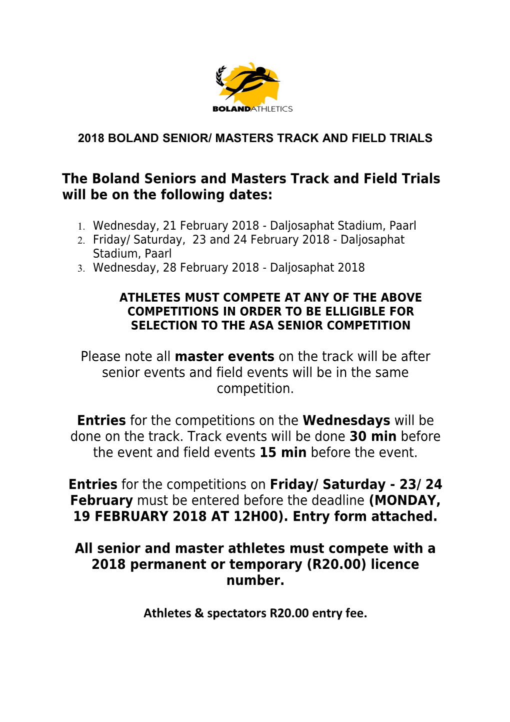 2018Boland Senior/ Masterstrack and Field Trials