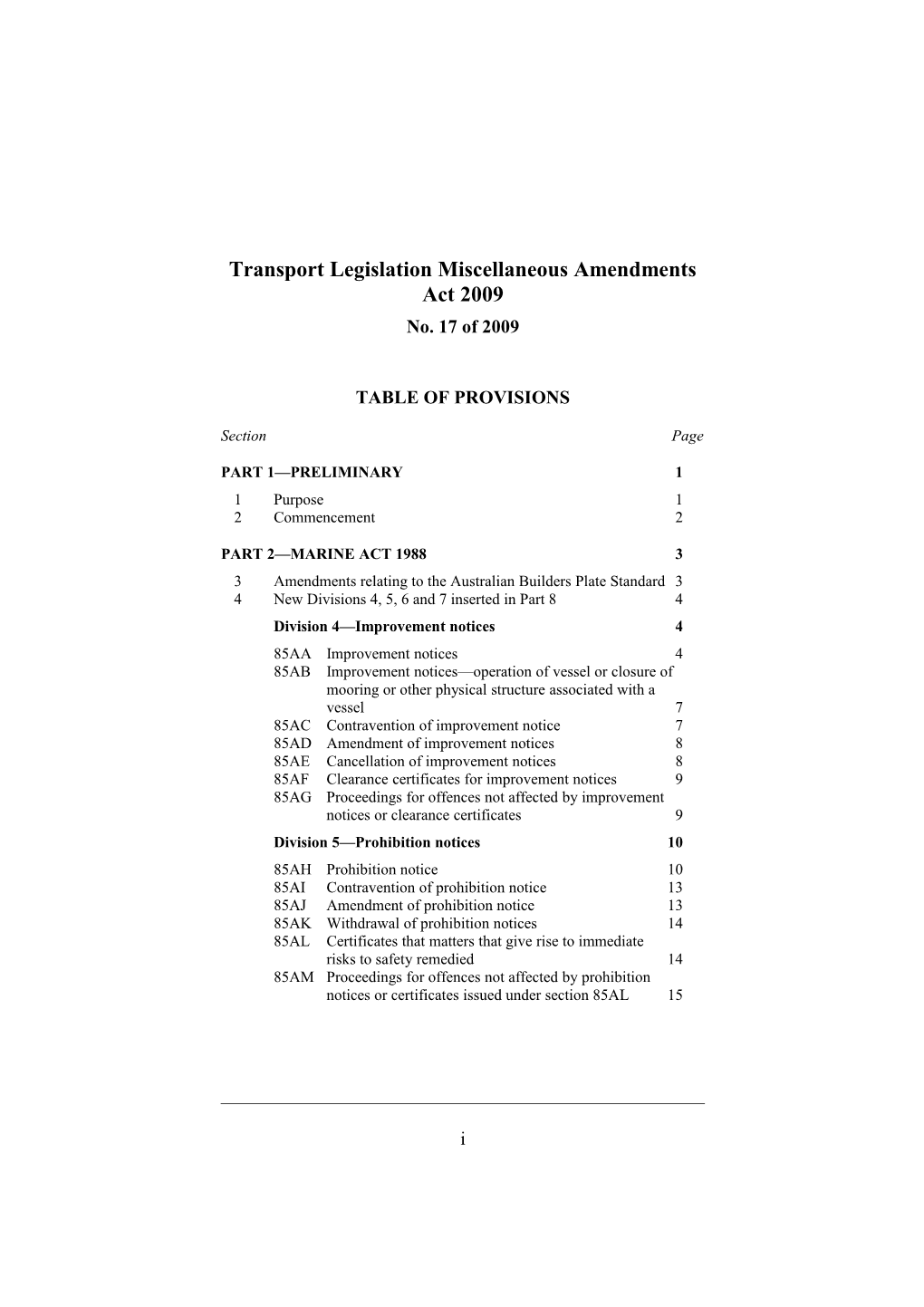Transport Legislation Miscellaneous Amendments Act 2009