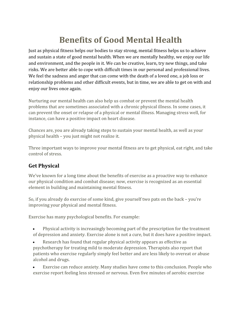 Benefits of Good Mental Health