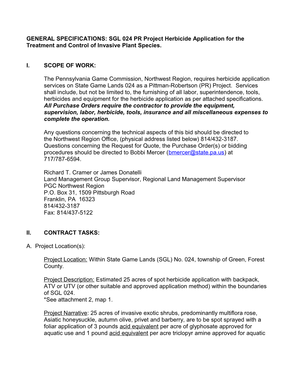 GENERAL SPECIFICATIONS: SGL 024 PR Project Herbicide Application for the Treatment And