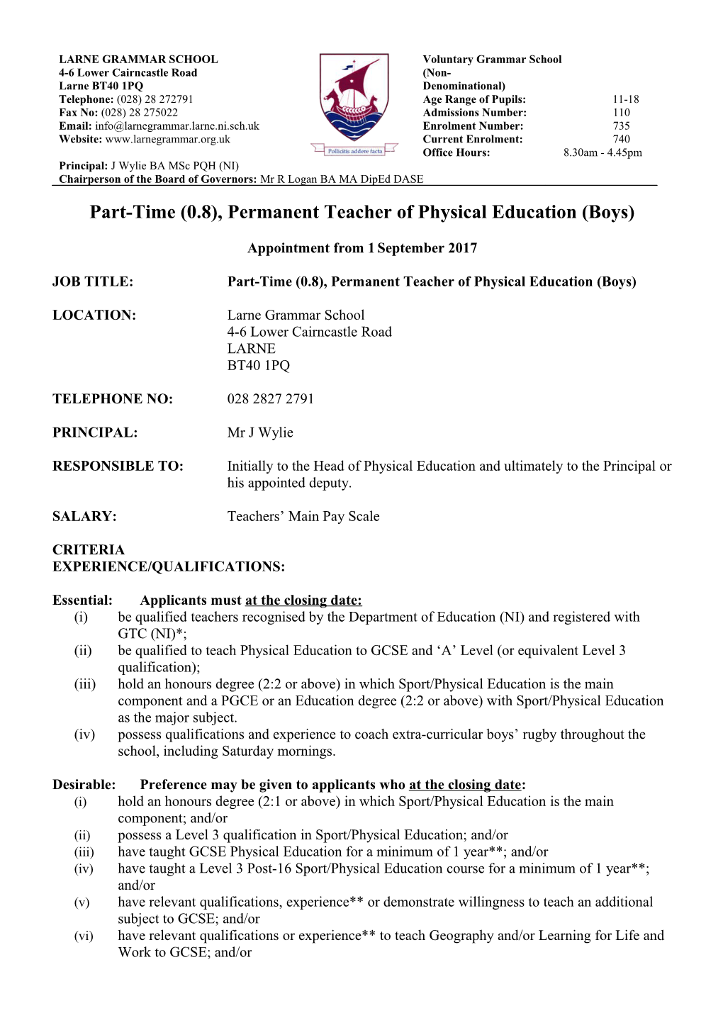 Part-Time (0.8), Permanentteacher of Physical Education (Boys)