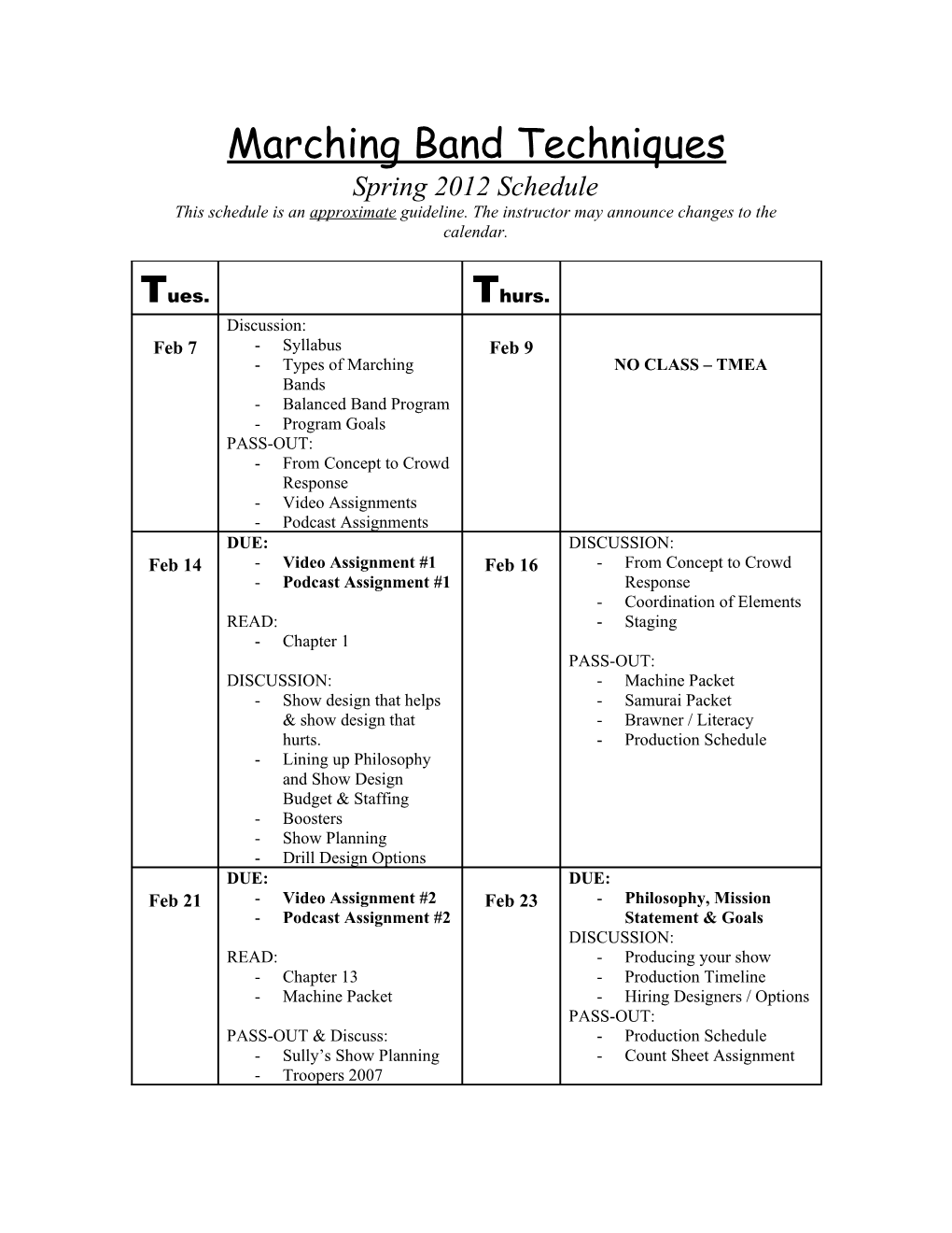 Spring 2012 Schedule