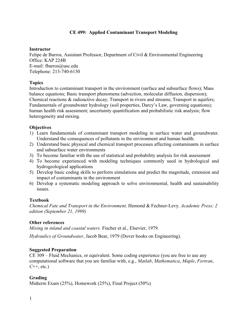 CE 499: Applied Contaminant Transport Modeling