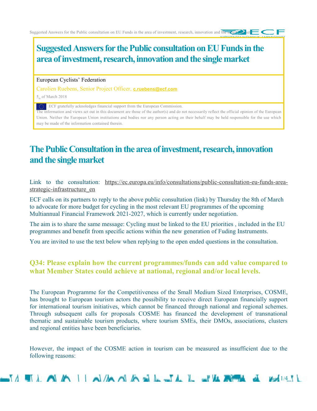 Suggested Answers for the Public Consultation on EU Funds in the Area of Investment, Research