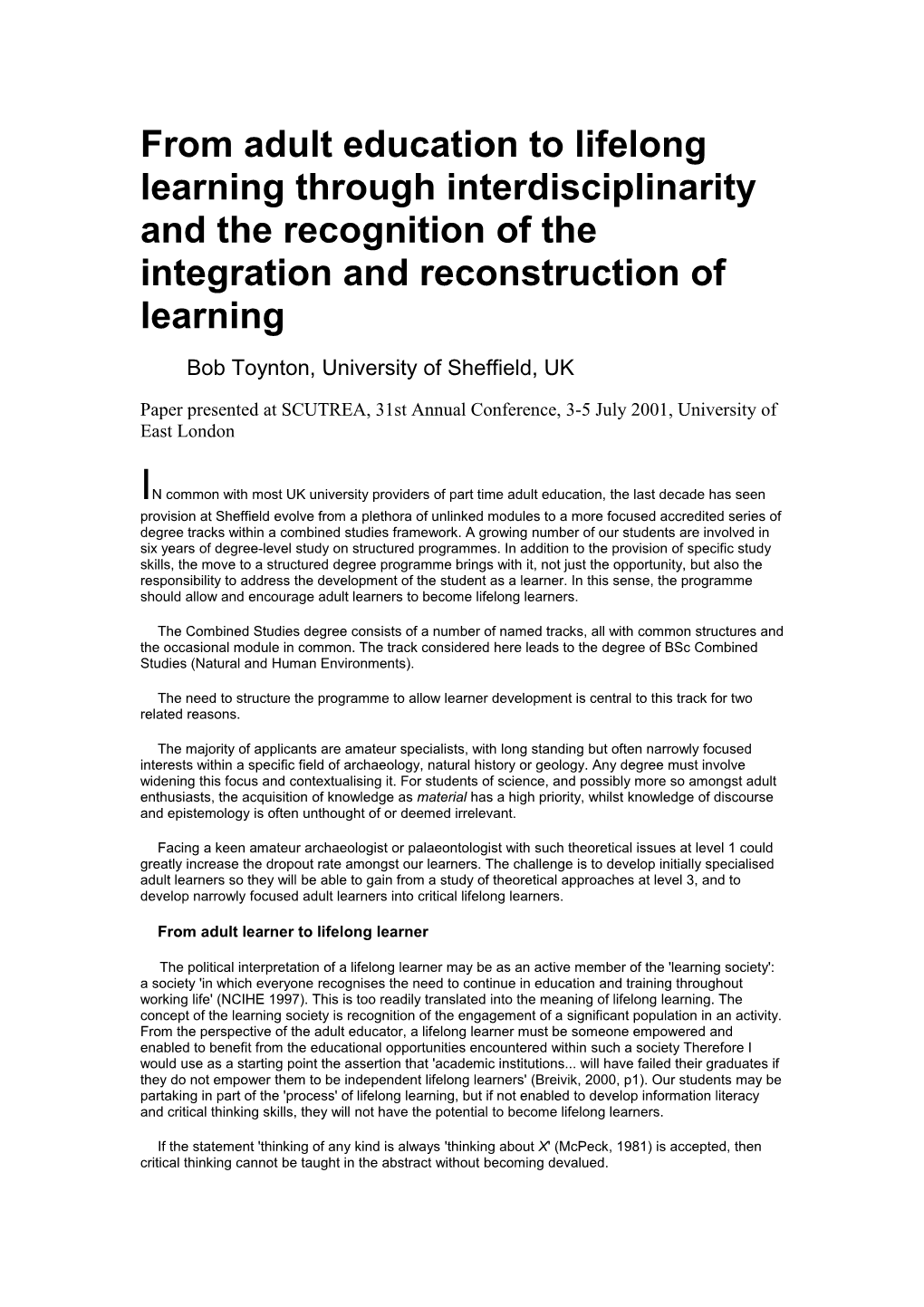 From Adult Education to Lifelong Learning Through Interdisciplinarity and the Recognition