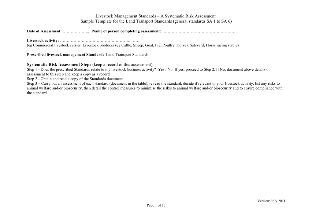 Examples of a Systematic Risk Assessment for the Land Transport Standards