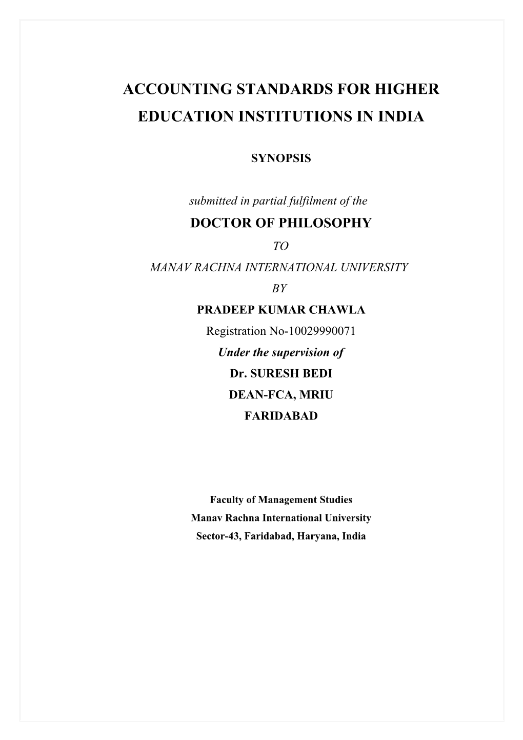 Accounting Standards for Higher Education Institutions in India