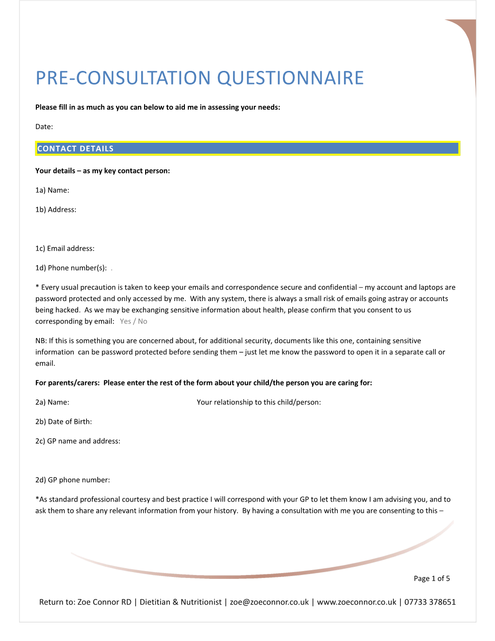 Pre Dietitian Consultation Questionnaire