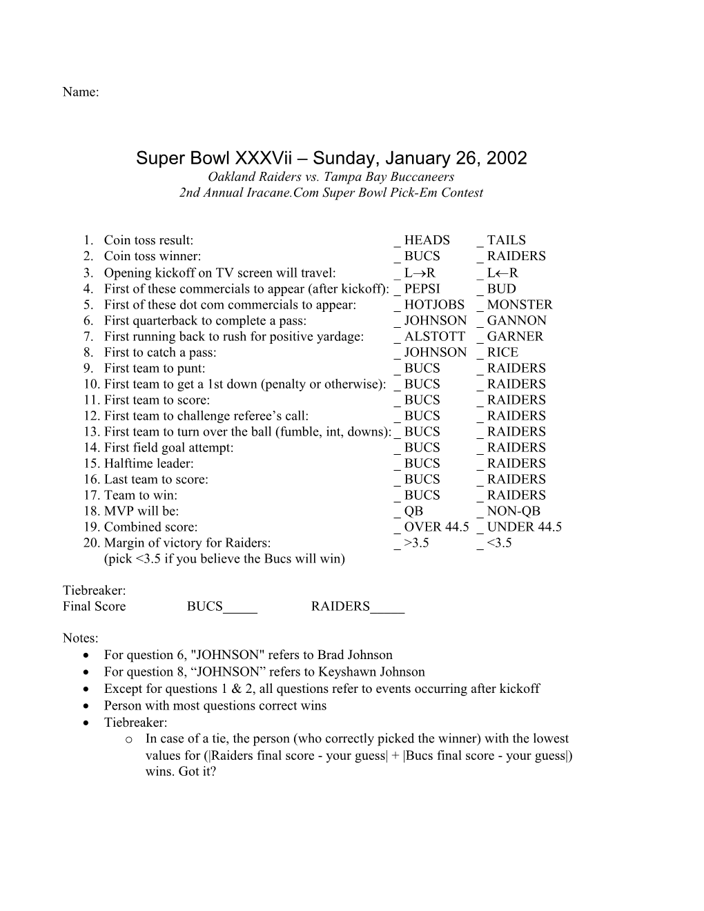 2Nd Annual Iracane.Com Super Bowl Pick-Em Contest