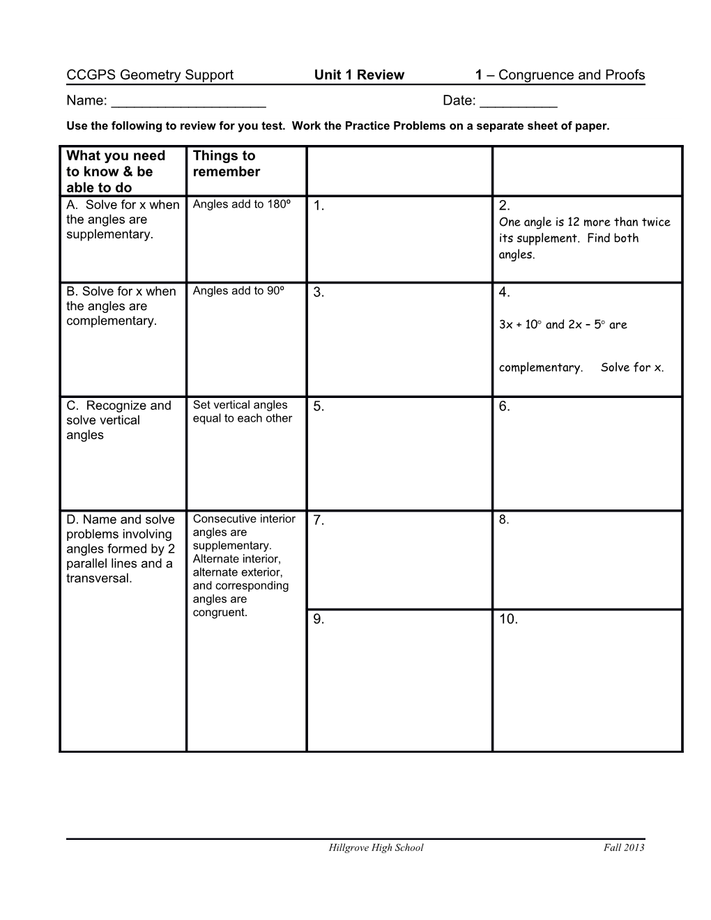 CCGPS Geometry Support Unit 1 Review1 Congruence and Proofs