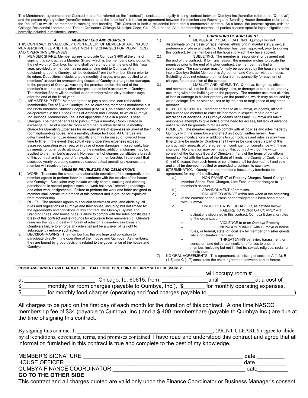 Qumbya Housing Co-Op Membership Agreement and Contract