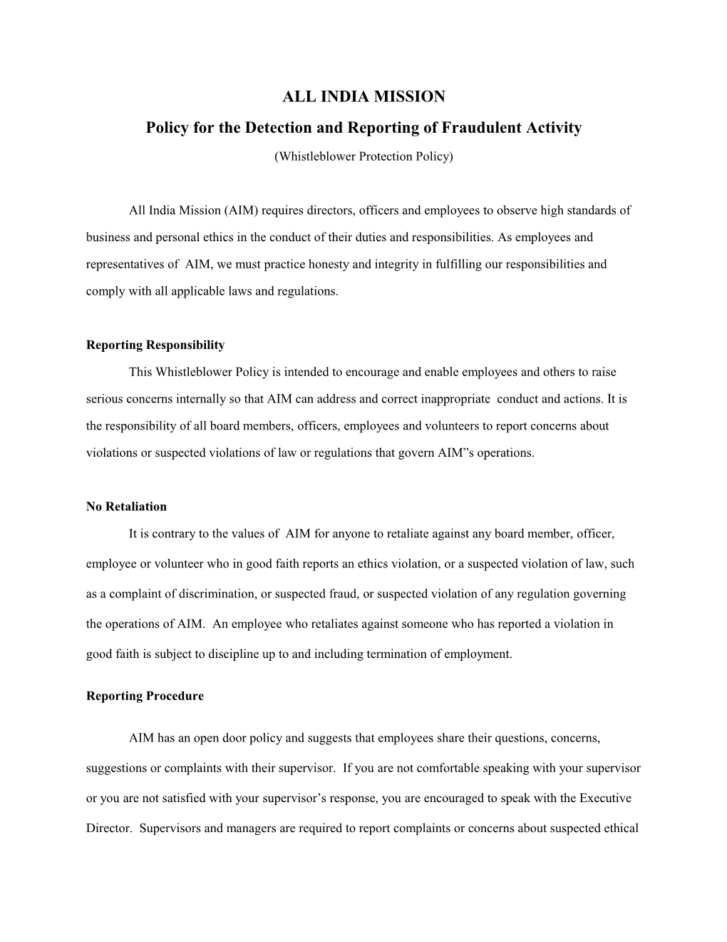 Policy for the Detection and Reporting of Fraudulent Activity