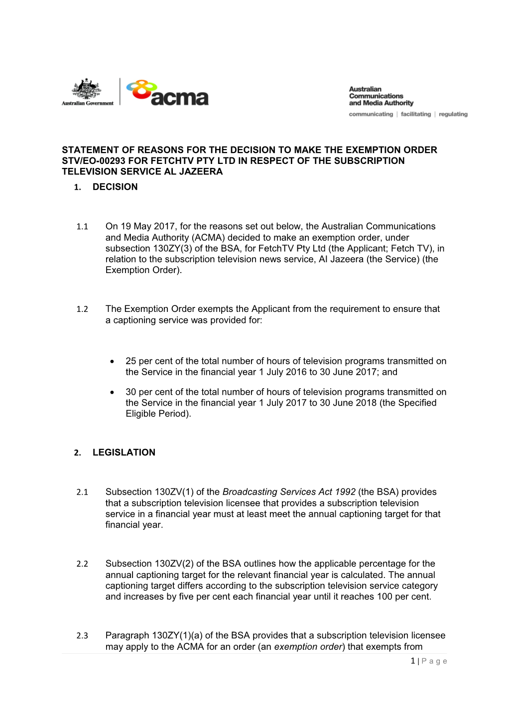 Statement of Reasons for the Decision to Make the Exemption Order Stv/Eo-00293For Fetchtv