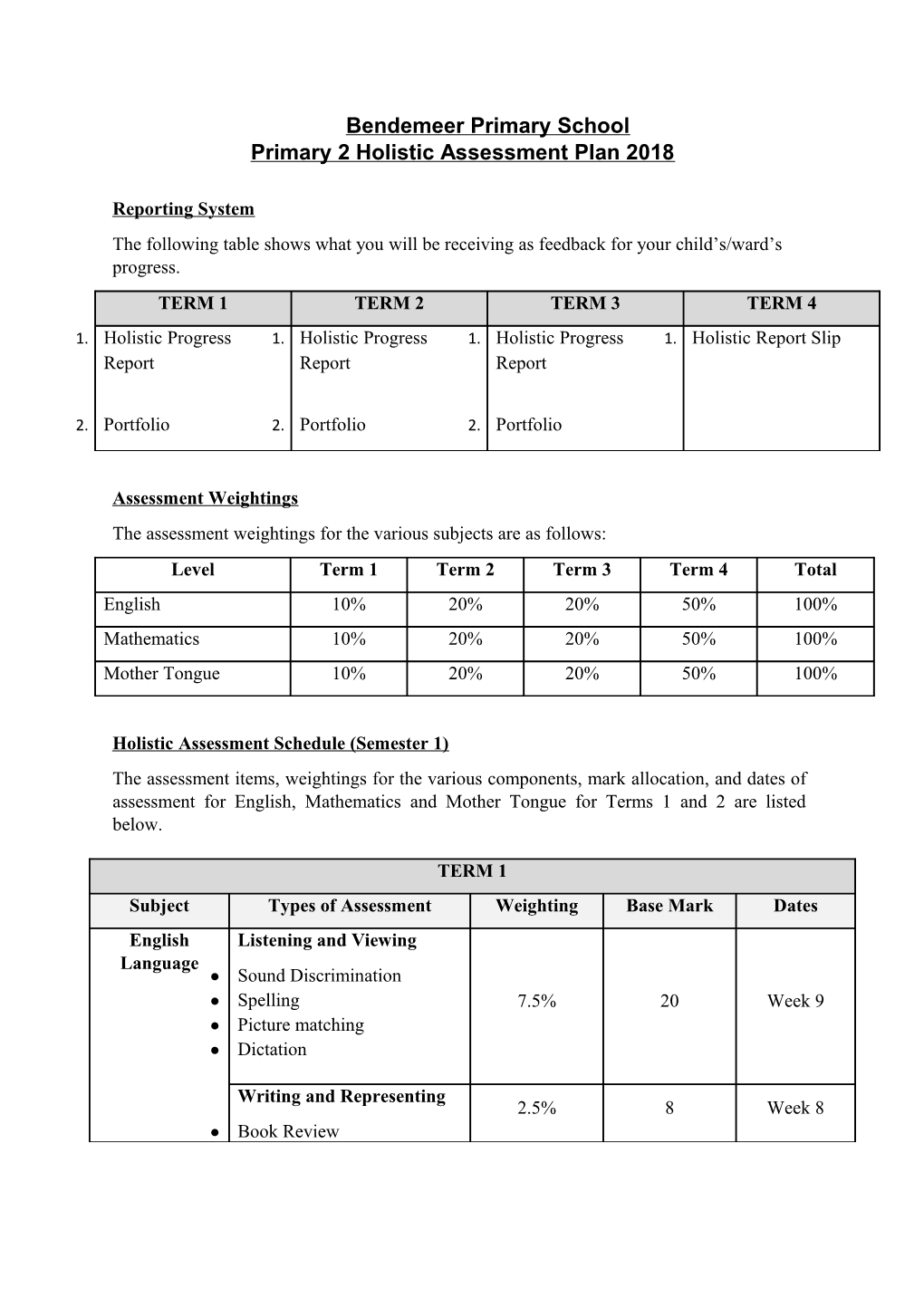 Primary 2 Holistic Assessment Plan 2018